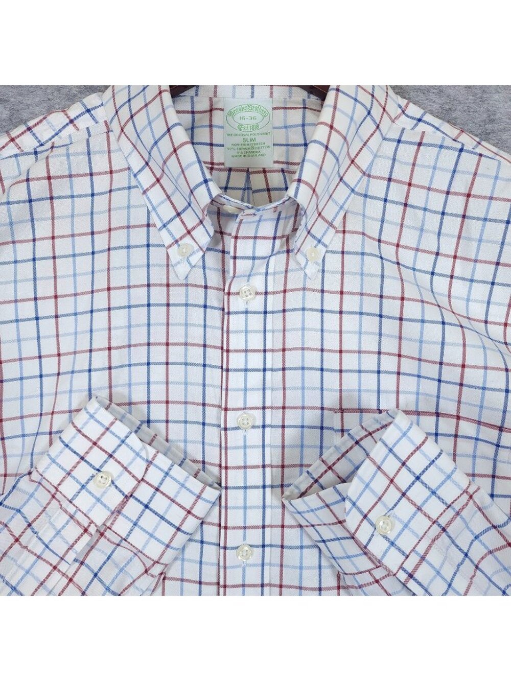 Brooks Brother Slim Non Iron Stretch Shirt 16-36 Tattersall Check Red White Blue